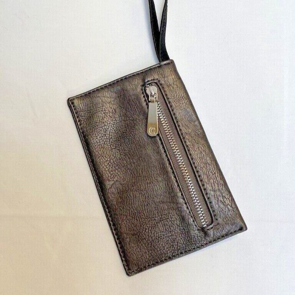 New!  Cathy Women's Dark Gray Small Zip Leather Wristlet Purse  ~ 7" x 4.5"